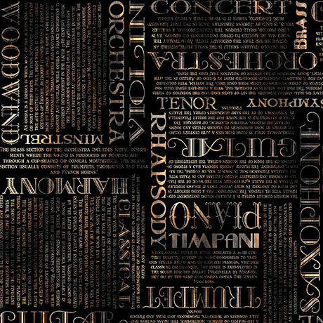 A seamless pattern featuring typography with musical instrument and orchestra terms such as trumpet, trombone, tuba, timpani, harp, lyre, organ, and symphony in metallic gold and beige lettering over a dark black background.