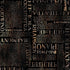 A seamless pattern featuring typography with musical instrument and orchestra terms such as trumpet, trombone, tuba, timpani, harp, lyre, organ, and symphony in metallic gold and beige lettering over a dark black background.