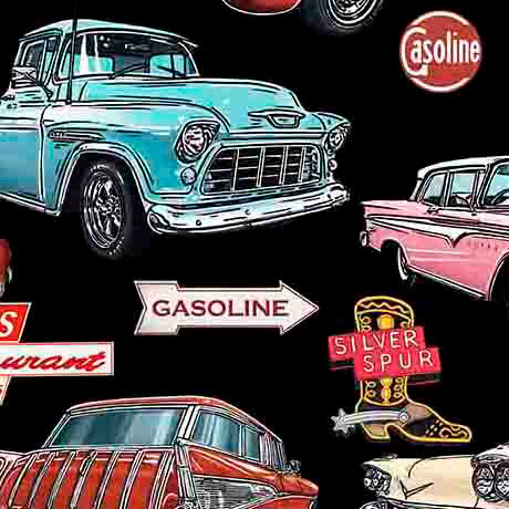 Fabric QT Black Route 66 Classic Cars & Icons Get Your Kicks 2026 by the Quarter Yard 31668-J