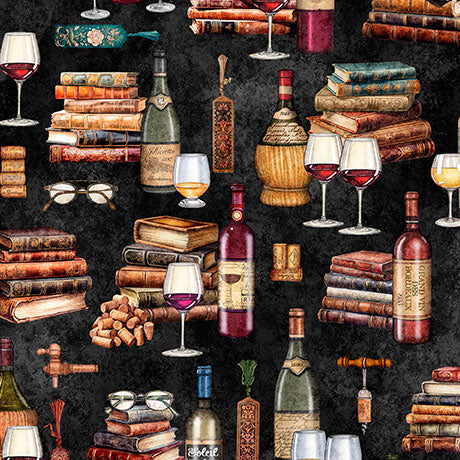 A repeating vintage-themed pattern featuring antique book stacks, wine bottles, wine glasses, corks, and eyeglasses on a dark textured background.