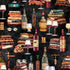 A repeating vintage-themed pattern featuring antique book stacks, wine bottles, wine glasses, corks, and eyeglasses on a dark textured background.