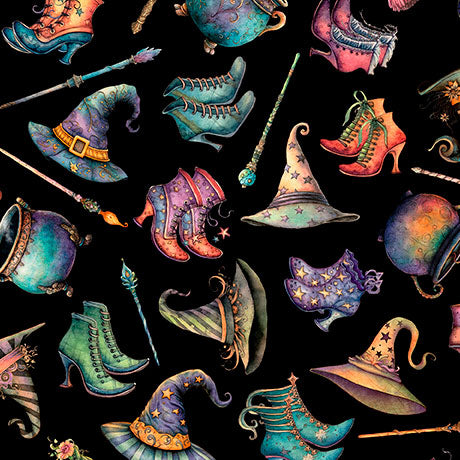 Pattern of witch hats, shoes, and wands on a black background