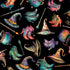 Pattern of witch hats, shoes, and wands on a black background