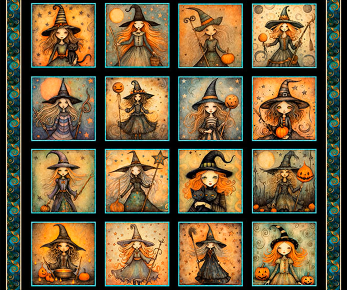 A 4x4 fabric panel featuring witch characters in Halloween-themed portraits, framed by a decorative border. The artwork uses warm orange, brown, black, and teal tones, with pumpkins, moons, and stars throughout.