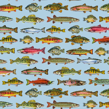 Pattern of various colorful fish on a blue background