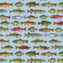 Pattern of various colorful fish on a blue background