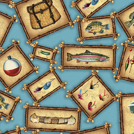 Pattern of framed illustrations including a fish, lure, and other fishing-related items on a blue background.