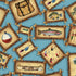 Pattern of framed illustrations including a fish, lure, and other fishing-related items on a blue background.