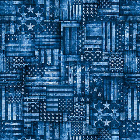 Pattern of blue American flags arranged in a grid.