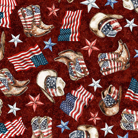 Pattern of cowboy boots, hats, and American flags on a red background
