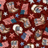 Pattern of cowboy boots, hats, and American flags on a red background