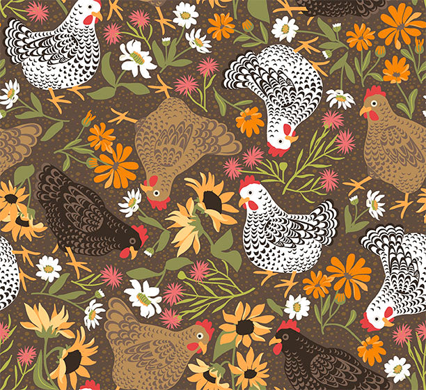 Fabric QT Brown Chickens & Flowers Chickens in the Meadow by the Quarter Yard 31817-A