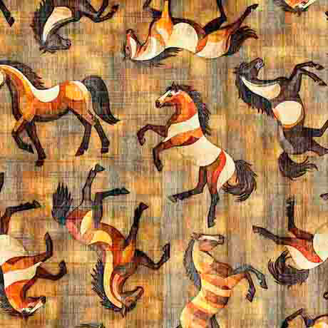 A close-up of a patterned fabric or wallpaper featuring stylized prancing horses in orange, cream, black, and brown on a warm tan background.