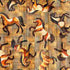 A close-up of a patterned fabric or wallpaper featuring stylized prancing horses in orange, cream, black, and brown on a warm tan background.