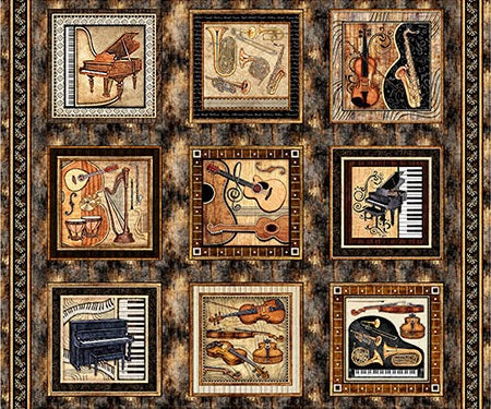 A square fabric pattern featuring a 3x3 grid of framed musical instrument illustrations, including pianos, violins, guitars, and a cello, set against a dark brown and black mottled background with an ornate decorative border.