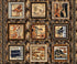 A square fabric pattern featuring a 3x3 grid of framed musical instrument illustrations, including pianos, violins, guitars, and a cello, set against a dark brown and black mottled background with an ornate decorative border.