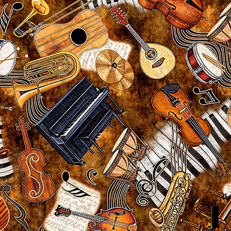 A repeating pattern of illustrated musical instruments including a piano, violin, guitar, trumpet, saxophone, drums, and sheet music on a brown textured background.