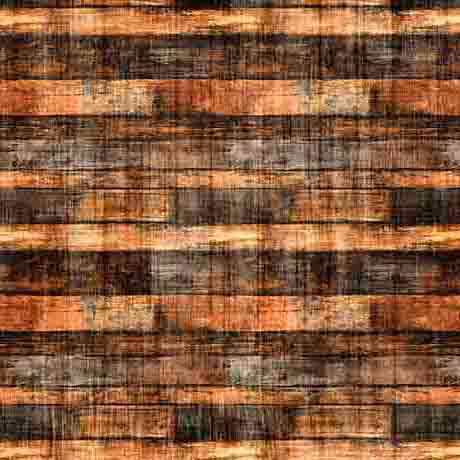 A close-up of rustic horizontal wooden planks with weathered brown, black, and orange tones and visible grain texture.