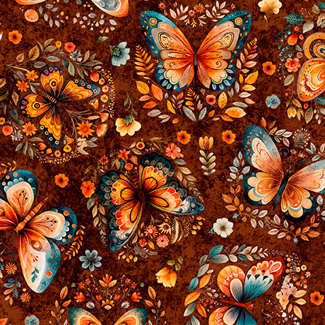 Butterfly and floral pattern on a brown background