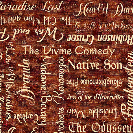 A close-up of a brown fabric pattern featuring multiple classic horror and mystery book titles in white and beige gothic script, including 'The Divine Comedy', 'Dracula', 'The Odyssey', and 'The Addams Family'.