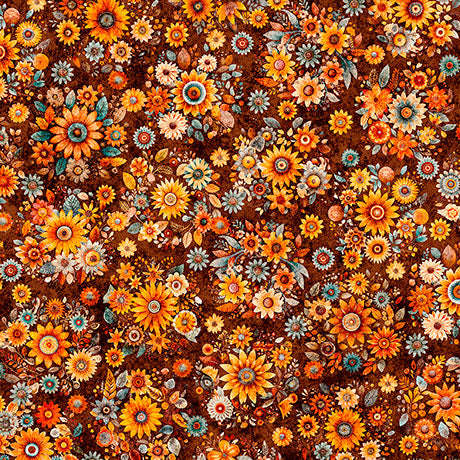 Pattern of colorful flowers on a brown background