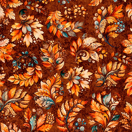 Decorative pattern of autumn leaves and berries on a brown background