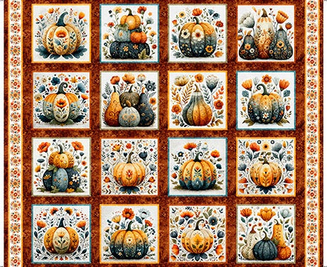 A square fabric design featuring a 4x4 grid of autumn pumpkins and gourds in orange, teal, cream, and brown, surrounded by a decorative floral border.