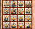 A square fabric design featuring a 4x4 grid of autumn pumpkins and gourds in orange, teal, cream, and brown, surrounded by a decorative floral border.