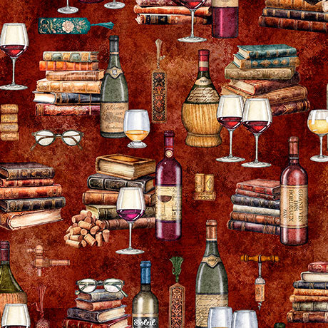 A repeating vintage-style pattern featuring wine bottles, wine glasses, stacks of old books, glasses, corks, and small decorative objects on a warm reddish-brown background.