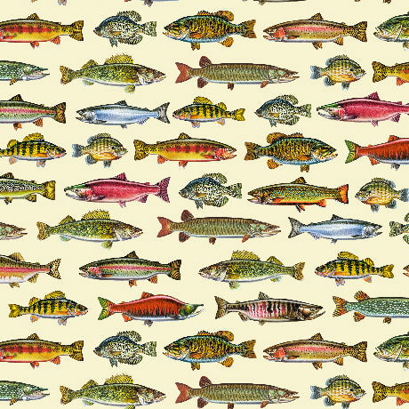 Pattern of various colorful fish illustrations on a beige background