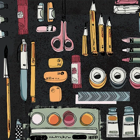 A flat-lay illustration of various stationery items on a dark textured background, including yellow pencils, pink scissors, a blue pen, orange erasers, and paint tubes.
