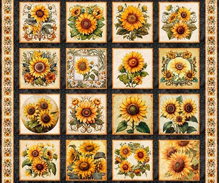 Fabric QT Charcoal Sunflower Serenade Picture Patches Panel 31801-J