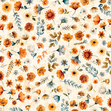 Pattern of orange and blue flowers on a beige background