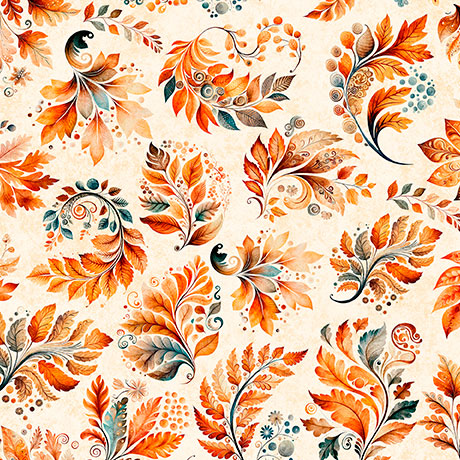 Decorative pattern of autumn leaves and swirls on a beige background