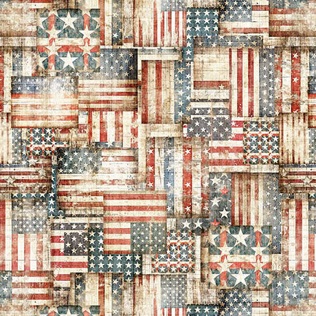 Pattern of American flags in a patchwork design