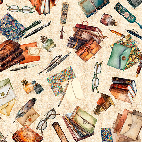 Vintage stationery items including books, glasses, and pens on a textured beige background.