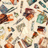 Vintage stationery items including books, glasses, and pens on a textured beige background.