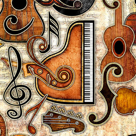 A vintage-style music-themed pattern featuring illustrated musical instruments and symbols, including a grand piano, guitar, violin, treble clef, and musical notes, arranged over a textured beige sheet-music background.