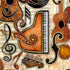 A vintage-style music-themed pattern featuring illustrated musical instruments and symbols, including a grand piano, guitar, violin, treble clef, and musical notes, arranged over a textured beige sheet-music background.