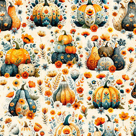 Pattern of pumpkins and gourds with floral elements on a beige background