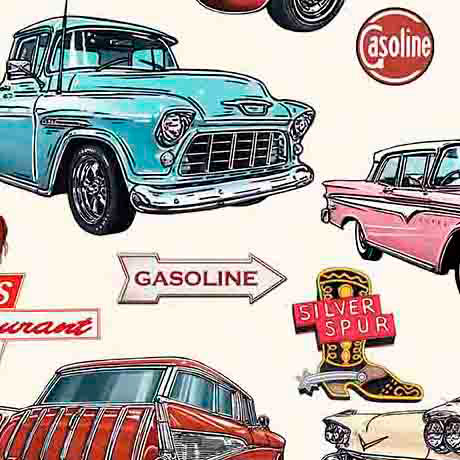 Fabric QT Cream Route 66 Classic Cars & Icons Get Your Kicks 2026 by the Quarter Yard 31668-E