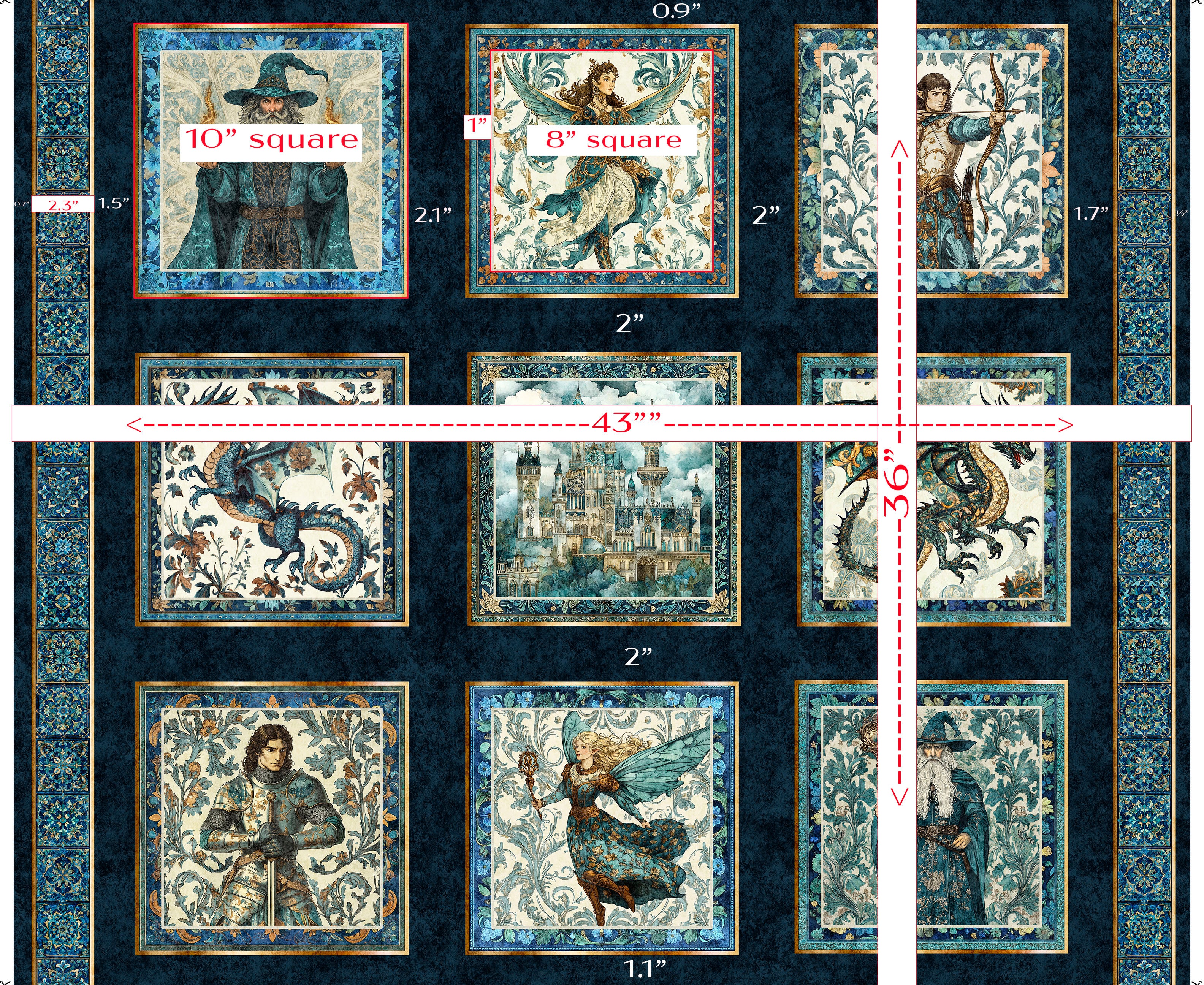 Fabric QT Dark Navy Large Medieval Picture Patches Folklore Quilting Panel 31640-N