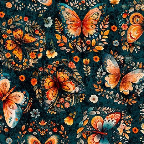 Pattern of orange butterflies and flowers on a dark blue background