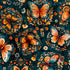 Pattern of orange butterflies and flowers on a dark blue background