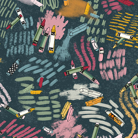 A colorful patterned surface featuring illustrated crayons scattered across abstract brushstroke shapes in pink, blue, yellow, green, and orange on a dark charcoal background.