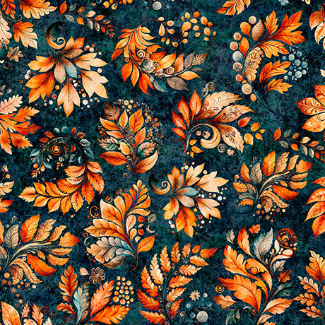 Pattern of autumn leaves and berries on a dark blue background