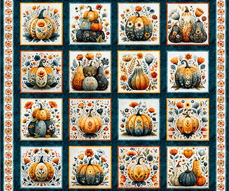 A repeating autumn-themed fabric featuring illustrated pumpkins and gourds arranged in a grid, with a decorative border around the edges. The motifs use orange, beige, gray, and dark teal tones.