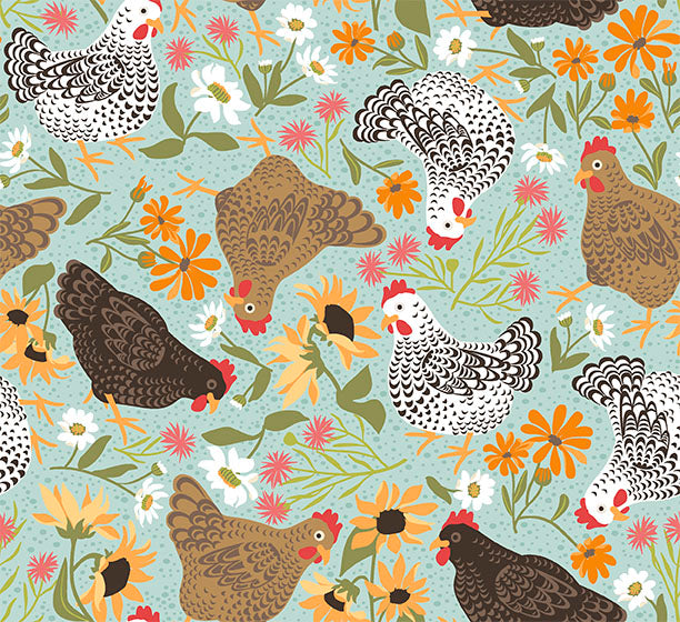 Fabric QT Dusty Aqua Chickens & Flowers Chickens in the Meadow by the Quarter Yard 31817-Q