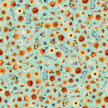 Pattern of orange and white flowers on a light blue background