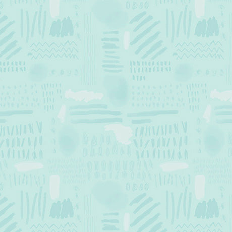 A repeating abstract pattern in pale mint green and white, featuring brushstroke lines, scribbles, dots, and small cloud-like shapes.